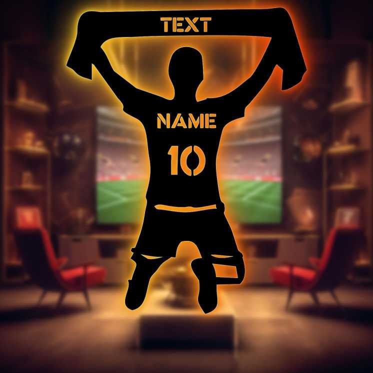 LEON FOLIEN Fußball Fan RGB Led personalisiert mit Wunsch Text + Namen + Nummer aus MDF-Holz Fussball Geschenke für Jungs Männer