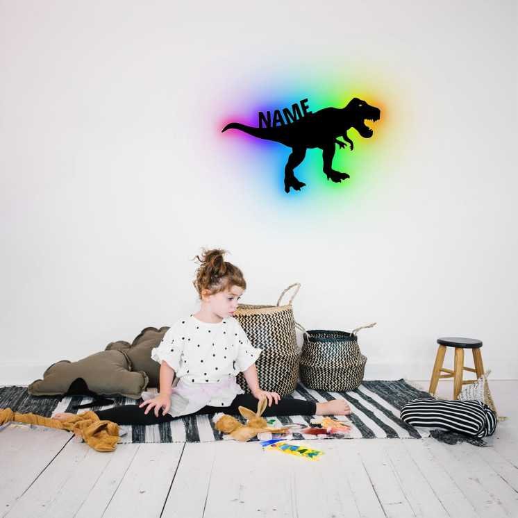 LEON FOLIEN T Rex Dinosaurier Spielzeug Tier RGB LED Deko, personalisiert mit Wunsch Namen - Schlummerlicht Nachtlicht für