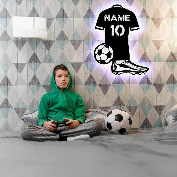 LEON FOLIEN Rgb Led Licht mit Namen & Nummer Fußball trikot personalisieren – Fussballer aus MDF Holz Fussball Geschenke für