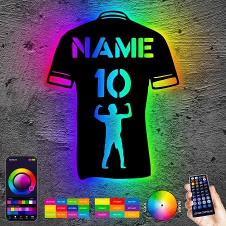 LEON FOLIEN Fußball trikot personalisieren RGB Led Licht mit Namen & Nummer – Fussballer aus MDF-Holz Fussball Geschenke für