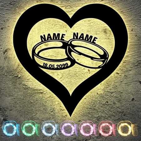 LED Schlummerlicht Eheringe in Herz personalisiert mit Wunschnamen und Datum Deko Nachtlicht Hochzeitsgeschenk Brautpaar