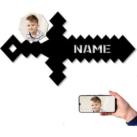 Schwert Pixelschwert - Pixel Wand Deko Schwert Mit Foto auf Holz gedruckt personalisiert Name - Geschenke (Optional) Led