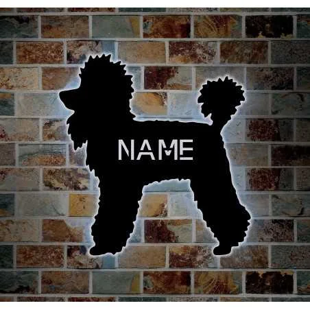 Pudel Hund Schlummerlicht personalisiert mit Name Led Lasergravur aus MDF Holz Nachtlicht Geschenk Wandschild