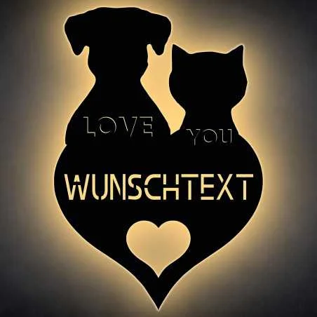 LEON - FOLIEN hund & katze Schlummerlicht personalisiert mit Name Led Lasergravur aus Holz Nachtlicht Geschenk Wandschild (Love